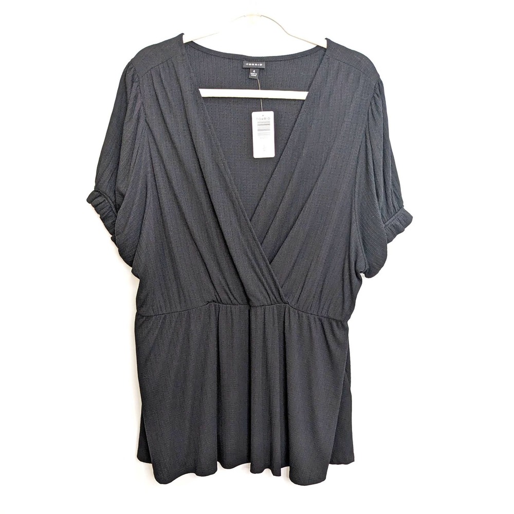 New Torrid Womens 4X Plus Size Ribbed Surplice Peplum Top V Neck Black
